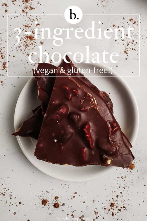 Made with only cacao powder, coconut oil, and maple syrup, this simple 3-ingredient vegan chocolate is the perfect treat to always have on hand. #veganchocolate #chocolaterecipe #homemadechocolate Gluten Free Strawberry Cake, Cacao Powder Recipe, Cacao Powder Benefits, No Sugar Recipes, Cocoa Powder Recipes, Coconut Oil Chocolate, Vegan Chocolate Recipes, Dark Chocolate Recipes, Vegan Chocolate Bars