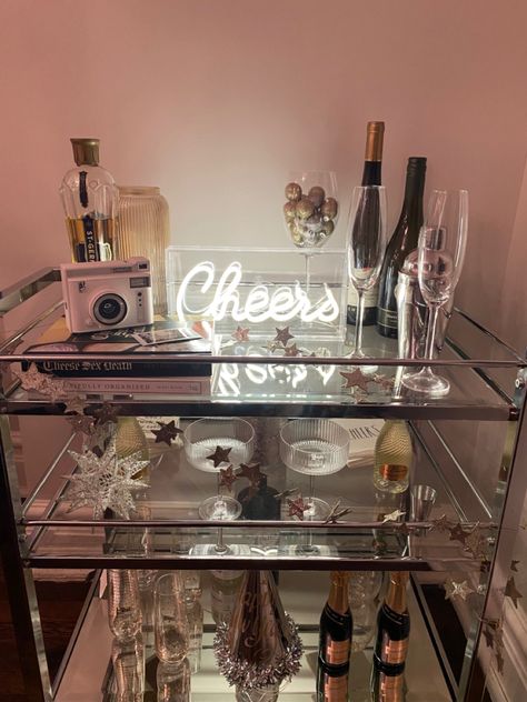 NYE 2022 Bar Cart Decor Bar Table Decor Ideas, Bar Coffee Cart, Silver Bar Cart, Coffee Cart, Cart Decor, Bar Cart Decor, Light Up Signs, Bar Coffee, Silver Bar