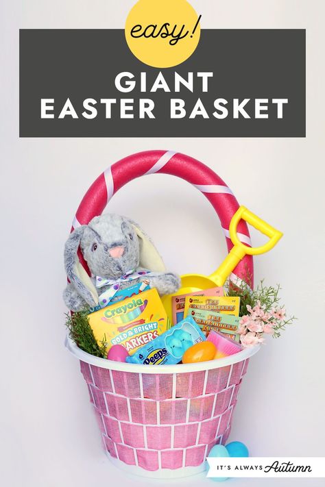 You can make a cute giant Easter basket in under half an hour using supplies from the dollar store. Diy Large Easter Basket, Large Easter Basket Ideas, Giant Easter Basket Diy, Older Kids Easter Basket Ideas, Diy Clothes Basket, Diy Easter Baskets For Kids, Giant Easter Basket, Large Easter Basket, Easter 2025