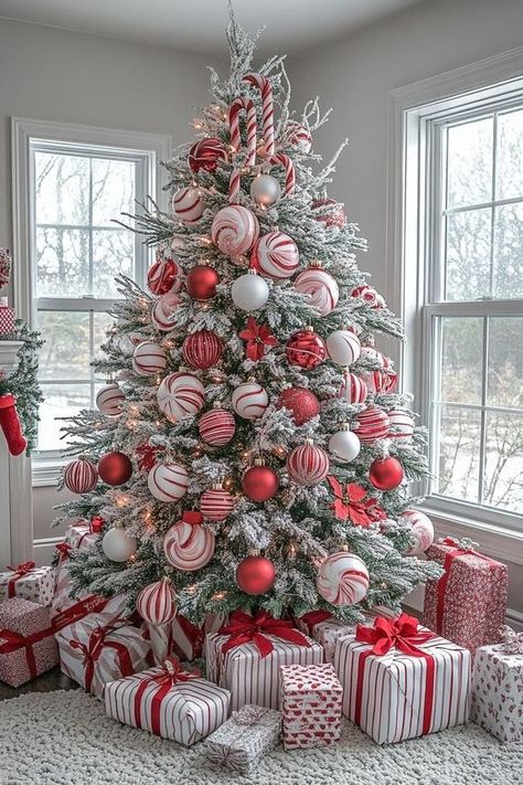 Holiday Creations | (NMP - Sharing Only) | Facebook Red And White Candy Cane Christmas Tree Ideas, Christmas Tree Decorations White And Red, Christmas Tree In Red And White, Traditional Christmas Decor Aesthetic, Red Decoration Christmas Tree, Red And Gray Christmas Decor, Classic Red And White Christmas Decor, Ideas For Christmas Decorations House, Christmas Tree Ideas Candy Cane