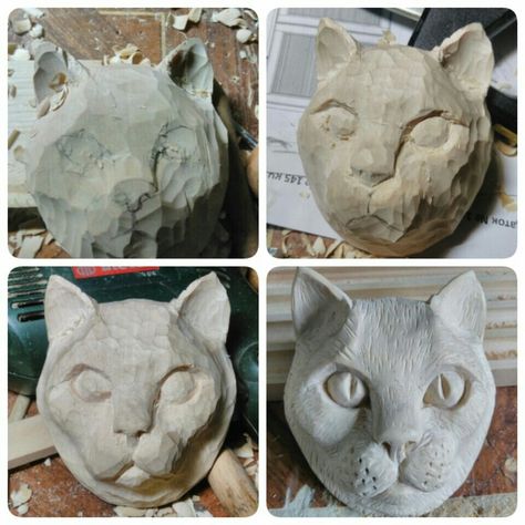 Ceramic Cat Face, Cat Face Sculpture, Cat Head Sculpture, Fat Cat Drawing, Cat Clay Art, Green Man Sculpture, Tile Art Projects, Cardboard Art Sculpture, Cat Pottery