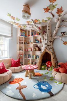 Animal Playroom Ideas, Fairy Tale Bedroom Kids, Woodland Playroom Ideas, Animal Furniture Design, Fairy Tale Interior Design, Kids Bedroom With Play Area, Playroom Library Ideas, Enchanted Forest Playroom, Fairytale Kids Room