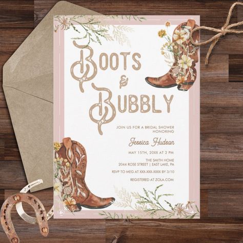 Bridal Shower Western, Boots And Bubbly Bridal Shower, Boots And Bubbly, Floral Cowboy Boots, Cowgirl Bridal Shower, Western Bridal Showers, Bridal Shower Brunch Invitations, Country Bridal Shower, Rodeo Boots