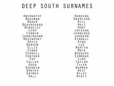 Deep South Surnames Hipster Baby Names, Writing Names, Character Name Ideas, Names For Characters, Name Inspiration, Writing Things, Writing Characters, Deep South, Name List