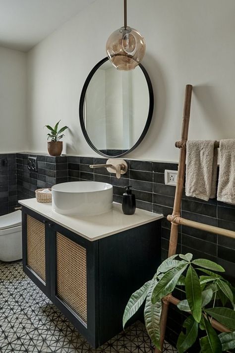 Black subway tiles, wicker detailing, and a chic bamboo ladder serve as visual highlights in the bathroom. Image Credits – Shamanth Patil Egyptian Bathroom, Bamboo Bathroom Decor, House Projects Diy, Bamboo Ladder, White Walls Living Room, Black Subway Tiles, Bamboo Ladders, Walls Living Room, Bamboo Bathroom