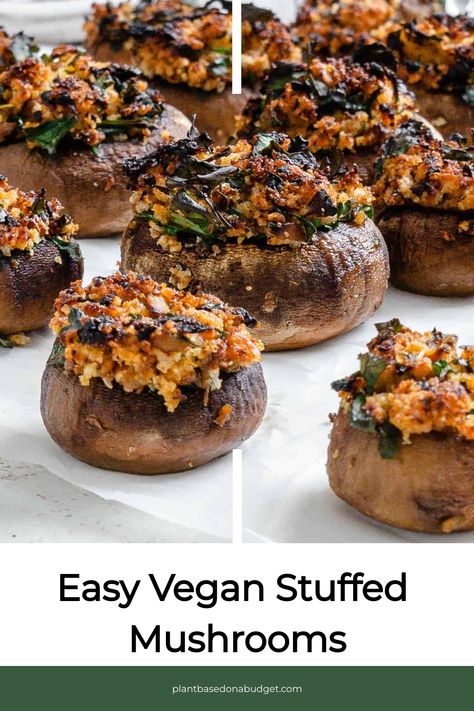 This Easy Vegan Stuffed Mushrooms are so delicious and perfect for dinner parties and those who love mushrooms! They only take 10 minutes of prep and are so tasty once ready! Make these Easy Vegan Stuffed Mushrooms for your next dinner! Dairy Free Stuffed Mushrooms, Dairy Free Healthy Recipes, Vegan Appetizers Easy, Gluten Free Stuffed Mushrooms, Christmas Vegan Recipes, Baked Stuffed Mushrooms, Plant Based Thanksgiving, Stuffed Mushrooms Vegetarian, Plant Based On A Budget