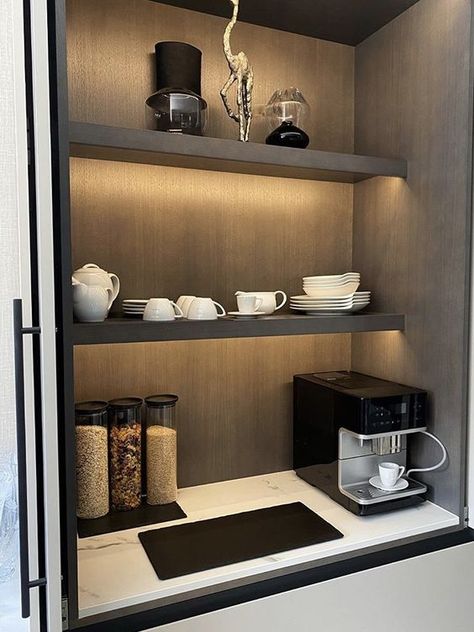 Modern Coffee Station Ideas, Kaffe Station, Coffee Bar Station, Coffee Bar Design, Home Coffee Stations, Coffee Bars In Kitchen, American Interior, Coffee Wall, Coffee Nook