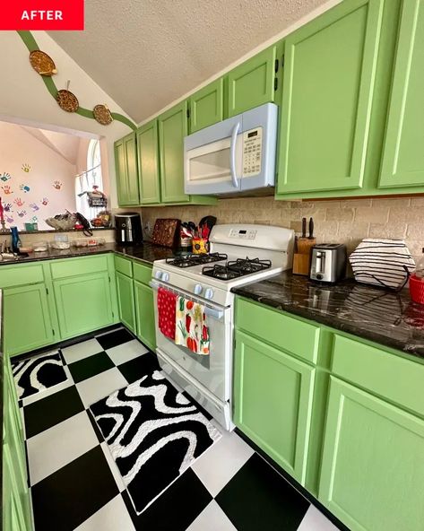 A "Dull" Oak Cabinet Kitchen Completely Transforms with Color | Apartment Therapy Eclectic Maximalist Bedroom, Maximalist Bedrooms, Ikea Dining Table, Diy Floor Lamp, Kitchen Cost, White Tile Floor, Oak Kitchen Cabinets, Eclectic Kitchen, Black And White Tiles