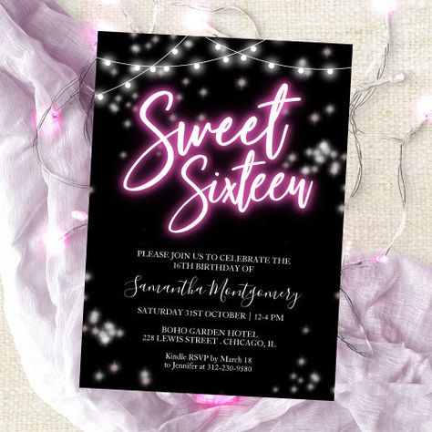 Sweet 16 Birthday Hot Pink Neon Glow Dark Party Invitation #zazzle #weddinginvitations #birthdayinvitations #babyshowerinvitations #zazzleinvitations #monogram #businesscards #graduation #homedecor Neon Themed Party, Sweet 16 Invitation Ideas, Pink Birthday Invitations, Sweet Sixteen Party Ideas, Invitation Sweet 16, Birthday Calligraphy, Hot Pink Birthday, Sweet 16 Party Invitations, Diy Birthday Invitations