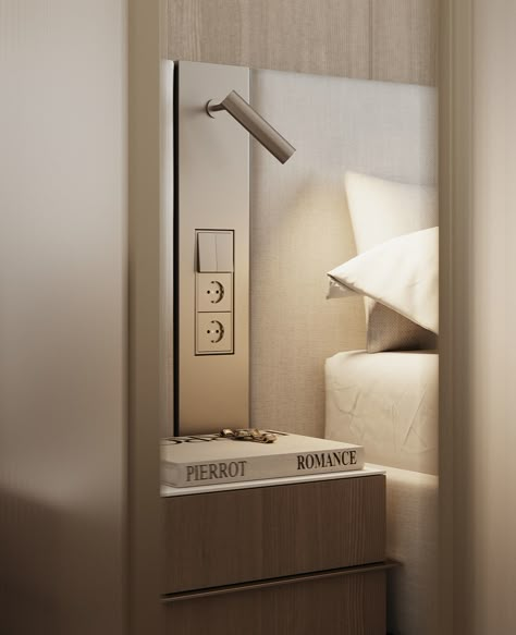 #PPARK100_ANs :: Behance Hotel Headboard, Hotel Bedroom Design, Bedside Table Design, Headboard With Lights, Bed Lamp, Hotel Room Design, Bedside Light, Usb Outlet, 아파트 인테리어