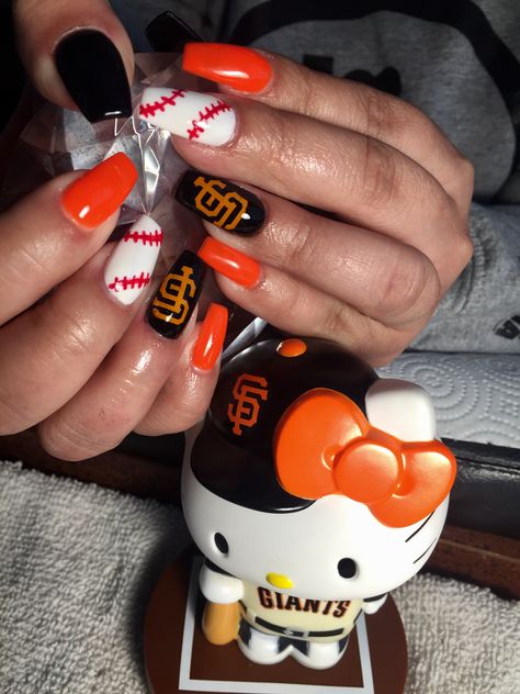 San Francisco Giants Nails Design, Sf Giants Nails Designs, San Francisco Nails, San Francisco Giants Nails, Sf Giants Nails, Bulldog Nails, Giants Nails, Baseball Nail Designs, Pink And Gold Nails