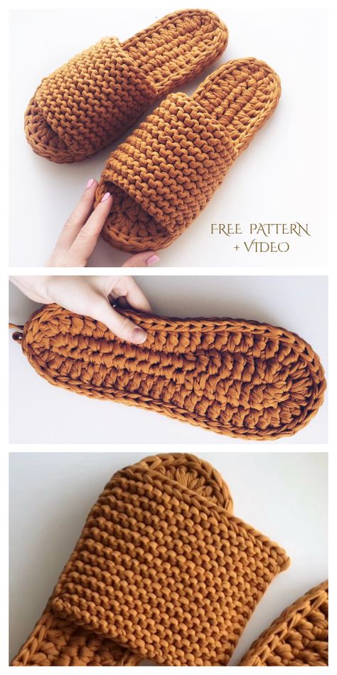 Chunky T-shirt Yarn Slippers Free Crochet Pattern + Video - DIY Magazine Yarn Slippers, Diy Crochet Slippers, Crocheted Slippers, Slipper Pattern, Crochet Slipper, Crochet Slippers Free Pattern, Elegant Crochet, Diy Slippers, Crochet Shoes Pattern