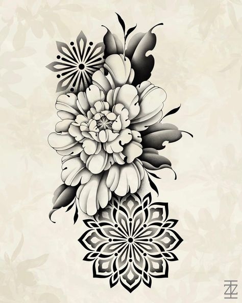 Seoul Tattoo, Portrait Tattoo Sleeve, Geometric Flower Tattoo, Mandala Flower Design, Floral Mandala Tattoo, Mandala Flower Tattoos, Japanese Flower Tattoo, Geometric Mandala Tattoo, Dr Woo