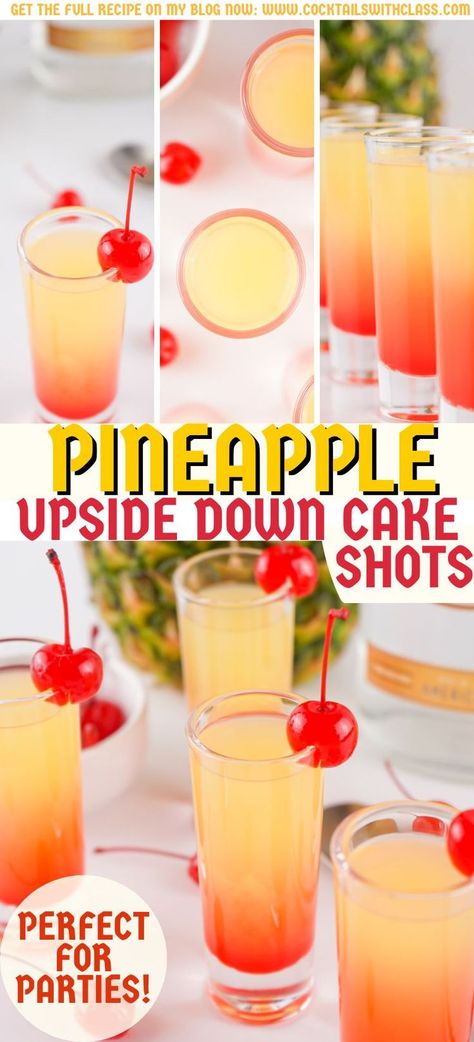 Pineapple Upside Down Cake Shot Recipe Pineapple Upside Down Cake Shot Recipe, Pineapple Upside Down Cake Drink, Pineapple Upside Down Cake Shot, Lemondrop Shot Recipe, Yummy Shots, Pineapple Shots, Fruity Shots, Easy Shot Recipes, Delicious Shots