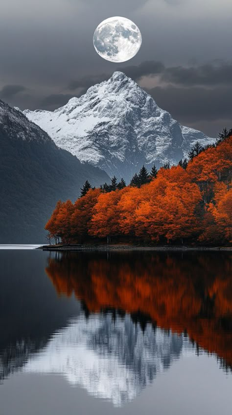 Prompt 👉a full moon rising over a mountain next to a lake, a matte painting, by irakli nadar, golden autumn, orange grey white, with snow on its peak, award - winning photo. ”, breath - taking beautiful trees, mobile wallpaper, norway mountains, new zealand, very very very beautiful scenery, white and orange 👉 if Like, please Follow and Share AI Graphics Studio 👇Contact on WhatsAPP: http://tiny.cc/aigraphicsstudio #aigraphicsstudio #AI #DigitalMarketing #digitalartist #digitalart #digital #... Cute Mountain Wallpaper, Creative Composition Painting, White Nature Wallpaper, White Snow Aesthetic, Mountains Aesthetic Wallpaper, Moon And Snow, Mountain Aesthetic Wallpaper, Irakli Nadar, Moon And Mountains