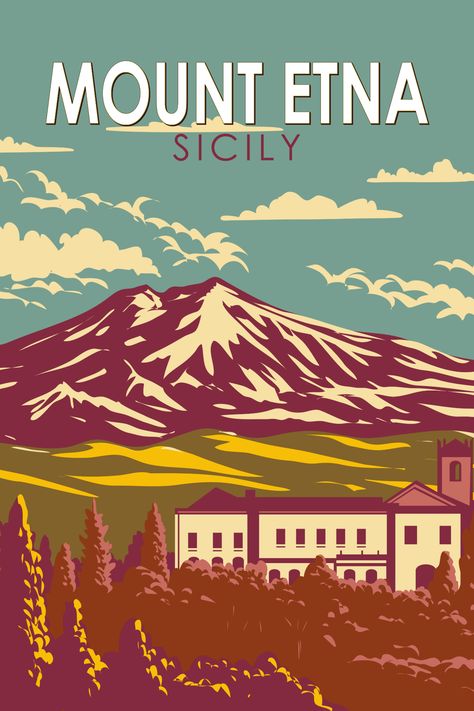 Retro art poster of Mount Etna in Sicily showcasing volcanic majesty and Sicilian wonder. Sicily Art, Travel Exhibition, Catania Italy, Catania Sicily, Graphic Icons, Sicily Travel, 2024 Travel, Vintage Postcards Travel, Mount Etna