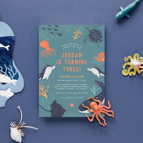 Under The Sea | Ocean Animals Boys Birthday Party Invitation Fishing Birthday Party Invitations, Zazzle Invitations Birthday, Sea Turtle Party, Animal Birthday Cards, Under The Sea Animals, Sea Dolphin, Nautical Invitations, Ocean Birthday Party, Coral Fish