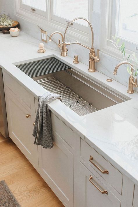 Eucalyptus Kitchen, Farm Sink Faucet, Gold Faucet Kitchen, Modern European Farmhouse, Kitchen Sink Options, Farmhouse Faucet, Kohler Kitchen Sink, Gold Kitchen Faucet, Stainless Steel Farmhouse Sink