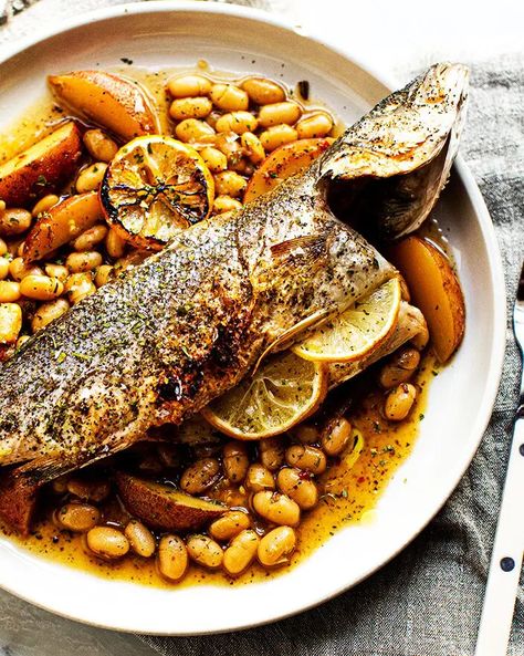 Roasted Branzino, Brothy Beans, Branzino Recipe, Meat Meals, Flavorful Dinner, Tried And True Recipes, Egg Roll Recipes, Lemon Pasta, Fish Food