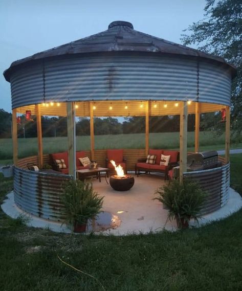 Bin Fire Pit, Grain Bin Fire Pit, Grain Bin Gazebo, Bin Gazebo, Grain Bin Ideas, Grain Bin House, Gazebo Backyard, Grain Bins, Silo House