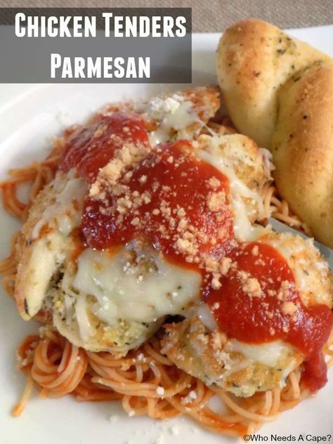 Chicken Tenders Parmesan | Who Needs A Cape? Chicken Tender Parmesan Recipe, Chicken Parmesan Recipe, Chicken Tenderloin Recipes, Chicken Tenderloin, Chicken Tenderloins, Family Favorite Recipes, Chicken Tender Recipes, Tenderloin Recipes, Red Sauce