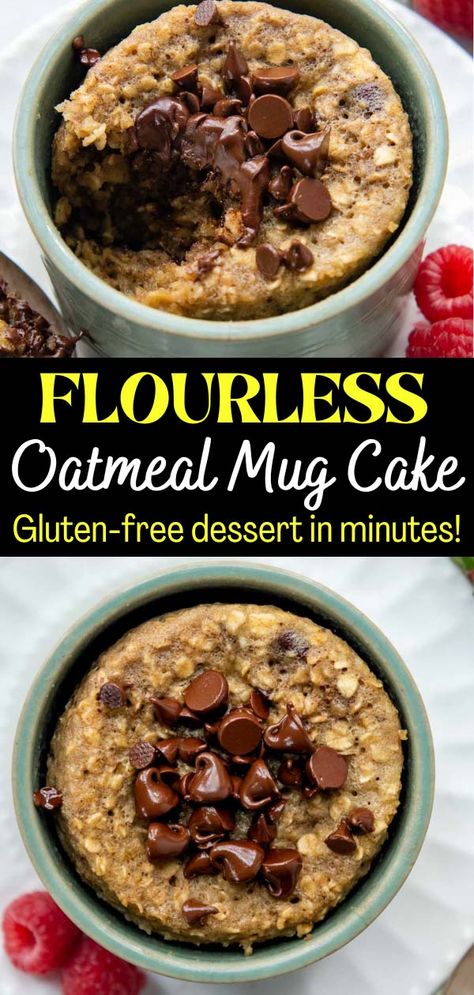 Looking for an easy gluten-free treat to make in minutes? Whip up this fluffy oatmeal cake in a mug with no flour required, only oats! Using my simple hack, stirring halfway through, means a light, fluffy, yet moist, texture every time! Oat mug cakes use simple ingredients, right in your kitchen, so you can enjoy this dessert (or breakfast) right now, in only 2 minutes! Banana Oat Mug Cake Microwave, Oatmeal Bake Dessert, Mug Oatmeal Breakfast, Mug Cake Microwave Greek Yogurt, Microwave Mug Breakfast, Microwave Cup Recipes, Airfryer Mug Cake Recipes, Sourdough Mug Cake, Weight Watchers Mug Cake Recipes