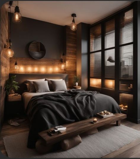 Guys Interior Design, Men Apartment Aesthetic, Bedroom Ideas For Married Couples, Dark Minimalist Bedroom, Male Bedroom Ideas, Minimalist Bedroom Decor, Moody Bedroom, Minimalist Bedroom Design, Black Bedroom