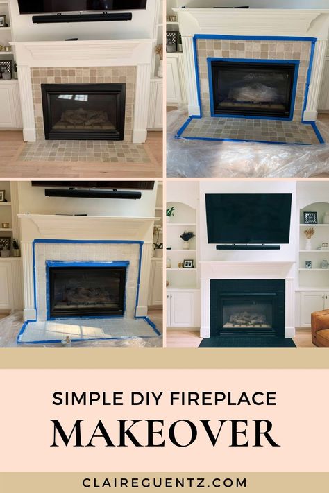 Hearth DIY: Earlier than & After - Claire Guentz- #CLAIRE #DIY #Fireplace #Guentz Check more at https://howcandothis.com/homedecoration/hearth-diy-earlier-than-after-claire-guentz/ Fireplace Mantle Angled Wall, Chimney Tile Fireplace Makeovers, Trailer Fireplace Makeover, Ceramic Fireplace Makeover, Diy Redo Fireplace, Fireplace And Built Ins Makeover, Gas Fireplace Before And After, How To Make Fireplace Look Bigger, Re Tile Fireplace Diy