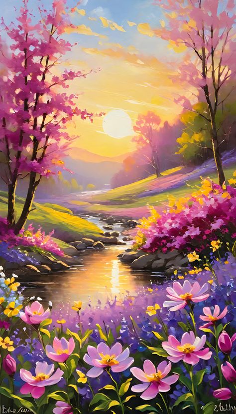 Flowers Scenery Painting, Flower Landscape Painting Acrylic, Simple Landscape Pictures, Beautiful Nature Painting, Spring Scenery Painting, Spring Season Painting, Spring Painting Ideas On Canvas, Nature Scenery Painting, Loving Others