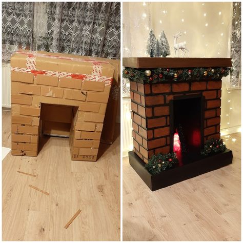 Faux Fireplace Diy Cardboard, Diy Christmas Fireplace, Cardboard Fireplace, Fake Fireplace, Faux Fireplace Diy, Christmas Fireplace Decor, Christmas Play, Christmas Themes Decorations, Front Porch Christmas Decor Ideas