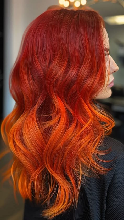 Vivid Ombre: 24 Hair Colors That Demand Attention Ginger Hair With Pop Of Color, Red Hair With Orange Tips, Ombre Hair Color Orange, Dark Red To Orange Ombre Hair, Vivid Fall Hair Color Ideas, Vivid Orange Hair, Red And Orange Ombre Hair, Burgundy And Orange Hair, Dark Red And Orange Hair