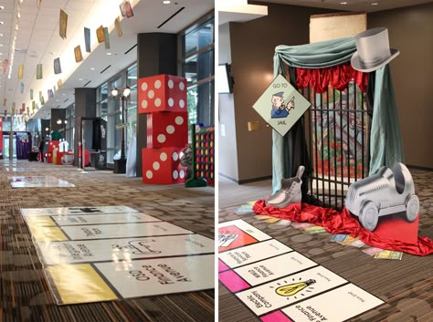 Giant Monopoly Game, Monopoly Jail Photo Booth, Monopoly Hallway Theme, Board Game Prom, Monopoly Themed Gala, Monopoly Backdrop, Monopoly Float Ideas, Monopoly Homecoming Float, Monopoly Hallway Decorations