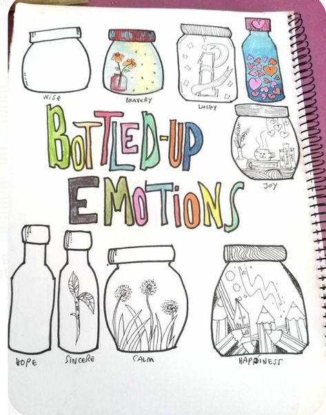 Art Therapy Projects For Anger, Bottling Up Emotions Art, Emotion Doodles Feelings, Bottled Up Emotions Art, Therapy Drawing Ideas, Jar Of Feelings, Therapy Doodles, Feelings Jar, Emotional Doodles