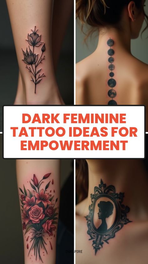 Dark Feminine Tattoo Ideas for Empowerment Best Tattoo Ideas For Women Unique, Dainty Female Tattoos, Breaking Free Tattoo Strength, Tattoos 2024 Woman, Spiritual Feminine Tattoos, New Tattoo Ideas For Women Unique, Empress Tattoo Ideas, Loner Tattoos For Women, Powerful Feminine Tattoos