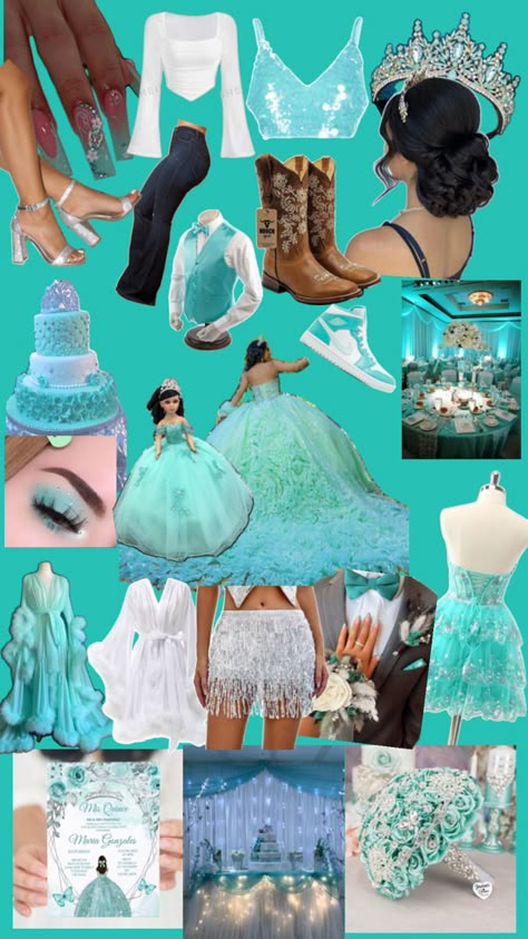 Teal Quinceanera Ideas, Teal And Gold Sweet 16 Party Ideas, Turquoise Quinceanera Theme, Under The Sea Quinceanera Theme Dresses, Jasmine Quinceanera Theme, Quinceanera Dresses Turquoise, Teal Quince Dress, Turquoise Quince, Aqua Quinceanera Dresses