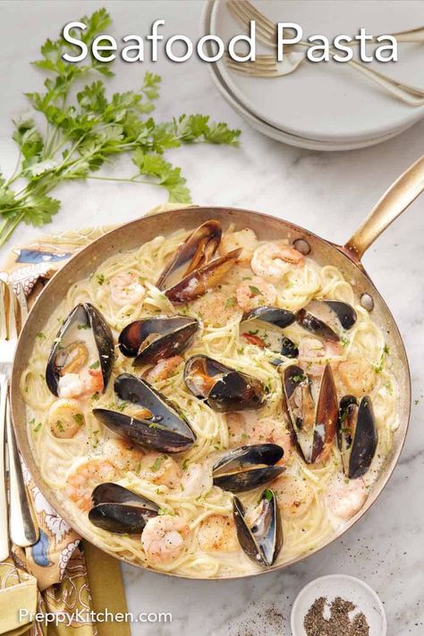 Ready in under 30 minutes, this Seafood Pasta is simple to make and packed with indulgent flavors. Delicious shrimp, scallops, mussels, and perfectly al dente linguine are bathed in a rich, creamy sauce and topped with shredded parmesan cheese. It is an easy recipe that will satisfy your seafood cravings and make any occasion feel special! Mussels Recipe Pasta, Seafood Skewers, Seafood Cravings, Good Pasta Recipes, Shrimp And Scallop Recipes, Creamy Seafood Pasta, Mussels Pasta, Preppy Kitchen Recipes, Cold Pasta Dishes