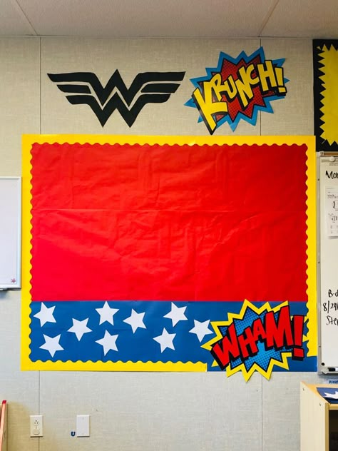 Super Hero Bulletin Boards Elementary, Wonder Woman Bulletin Board, Wonder Woman Classroom Theme, Avengers Bulletin Board, Super Hero Bulletin Board Ideas, Marvel Classroom Theme, Hero Bulletin Board, Superhero Bulletin Boards, Hero Classroom Theme