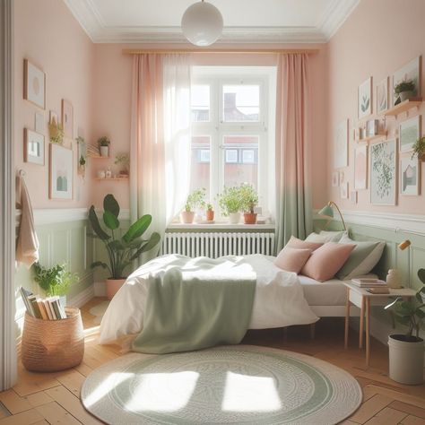 Danish Pastel Aesthetic Pastel Wall Bedroom, Cute Room Ideas Pastel, Soft Color Bedroom Ideas, Bedroom Inspo Danish Pastel, Pastel Wall Painting Ideas Bedroom, Colourful Cozy Bedroom, Small Pastel Bedroom, Pastel Color Home Interiors, Pastel Colored Bedroom