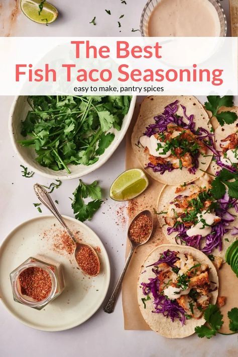 This homemade fish taco seasoning is going to take your Taco Tuesday to a whole new level! Bursting with bold spices like ancho chili powder, paprika, and cumin, you’ll find it’s the perfect blend of spicy and savory flavors to make the best fish tacos! Fish Taco Marinade, Fish Taco Seasoning, Mexican Fish Tacos, Taco Seasoning Easy, Seasoning For Fish, Best Fish Tacos, Tilapia Tacos, Spicy Fish Tacos, Fish Burgers