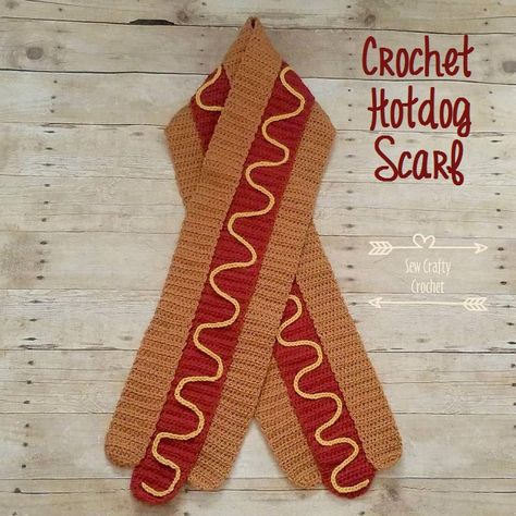 Crochet Hotdog Scarf ~ Sew Crafty Crochet Weird Crochet Scarf, Funny Crochet Scarf Patterns, Crochet Scarf Funny, Funny Crochet Scarf, Fun Crochet Scarf, Crochet Fall Scarf, Cute Crochet Scarf, Dog Scarf Crochet, Crochet To Sell