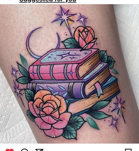 House Tattoo Traditional, Book American Traditional Tattoo, Book Tattoo American Traditional, Color Book Tattoo, Neo Traditional Book Tattoo, American Traditional Book Tattoo, Snowglobe Tattoo, Stack Of Books Tattoo, Autumn Tattoo