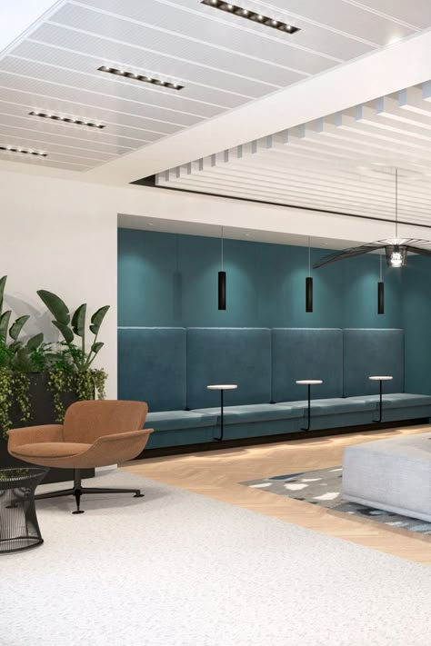 Velvet Booth Seating, Alcove Seating, Reception Area Design, Commercial Office Design, Corporate Office Design, Teal Velvet, Booth Seating, Office Space Design, Corporate Interiors