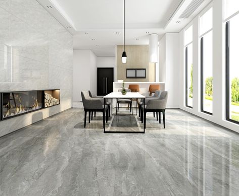 Grey Marble House Interior, Grey White Marble Floor, Tile Family Room Floor, Indoor Tiles Living Rooms, Grey Italian Marble Flooring Living Room, Big Tiles Living Room, Grey Marble Floor Living Room, Dark Floor Tiles, Tiles Hall