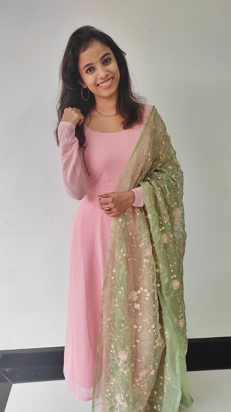 Baby Pink and Sage Green | Anarkali kurti with long sleeves | Floral Embroidered Dupatta Pink Dress Combination Colour, Baby Pink Combination Dress, Baby Pink Combination Colour, Green Dupatta Combination Suit, Green Combination Outfit Indian, Dark Pink Combination Dress, Pink Dupatta Color Combinations, Pink Kurti Outfit, Sage Green Anarkali