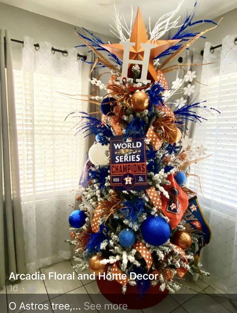 Houston Astros Christmas Tree, Astros Christmas Tree, Sports Themed Christmas Tree, Sports Christmas Tree, Baseball Christmas Tree, Baseball Christmas, Diy Tree Decor, Team Theme, Christmas Trees For Kids