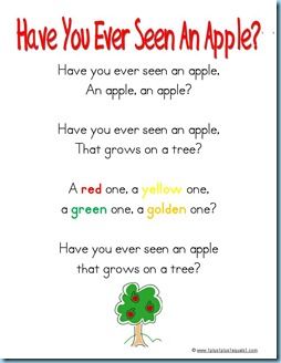 Something Special ~ Apple Songs for Music Time - 1+1+1=1  Bingo and Have You Ever Seen A Lassie tunes!  Fun! Back To School Lessons Preschool, Apple Songs, Apple Lesson Plans, Preschool Apples, Apple Song, September Preschool, Preschool Apple Theme, Apple Week, Apple Lessons