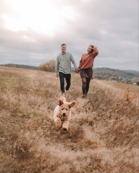 Dog In Family Pictures, Christmas Photo Couple And Dog, New Puppy Couple Pictures, Family Pic With Dog Ideas, Fall Couple Shoot With Dog, Fall Pictures With Dog Photo Ideas, Couple Engagement Pictures With Dog, Fall Family Photo With Dog, Couple And Two Dogs Pictures