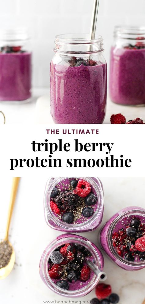 This Berry Protein Smoothie is a great healthy breakfast or snack when you need something quick, tasty and nutritious! Packed with antioxidants as well as fibre, protein, and healthy fat to keep you going. #berryproteinsmoothie #berrysmoothie #tripleberrysmoothie #proteinsmoothie #postworkout #healthybreakfast #healthysnack #smoothierecipe Protien Smoothies Recipes, Protein Smoothie Recipes Healthy, Protein Fruit Smoothie, Triple Berry Smoothie, High Protein Smoothie Recipes, Protein Breakfast Smoothie, Berry Protein Smoothie, Vegan Protein Smoothie, Protein Powder Smoothie