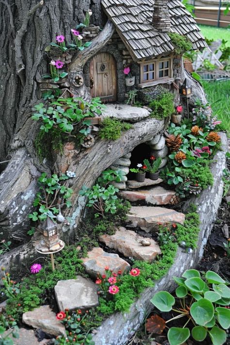 Fairy House Ideas, Miniature Fairy Garden Diy, Garden Corner Ideas, Fairy Garden Doors, Fairy Tree Houses, Corner Ideas, Garden Corner, Fairy Homes, Fairy House Diy