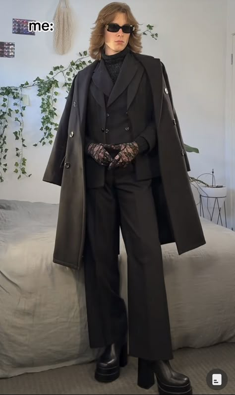 Male Outfits Classy, Regulus Black Outfit Ideas, Dracula Outfit Aesthetic, Fancy Androgynous Outfits, Dark Suit Aesthetic, Mens Prom Outfits, Formal Goth Outfits Men, Modern Wizard Fashion, Dark 70s Fashion